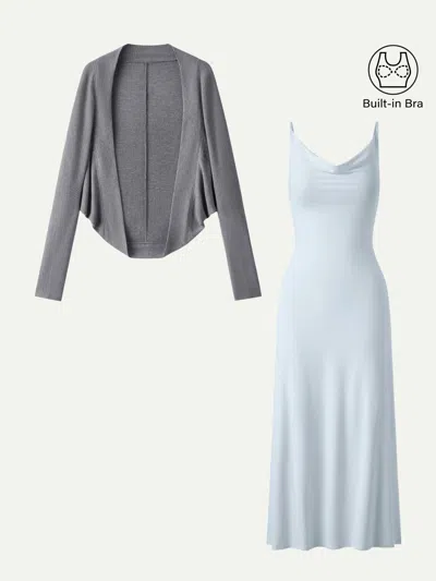 Oglmove 2pcs Set Knit Shrug Sweater & Cowl Neck Midi Bra Dress