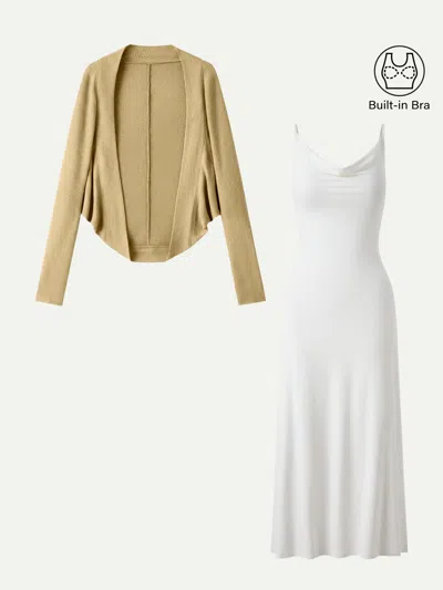 Oglmove 2pcs Set Knit Shrug Sweater & Cowl Neck Midi Bra Dress