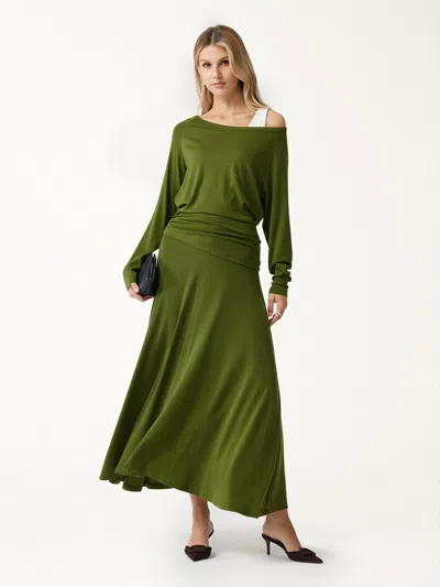 Oglmove 2pcs Set Litewarm Boatneck Off-shoulder Ruched Top & Lyocell-cashmere Blend Mid-rise Umbrella Maxi S In Green