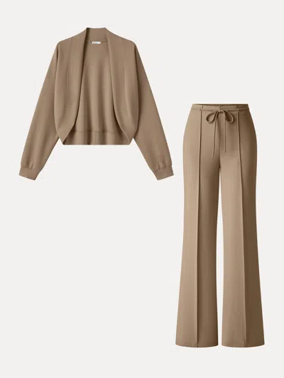 Oglmove 2pcs Set Long Sleeve Drop-shoulder Cardigan & High-rise Flare Pants With Pockets In Brown