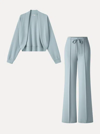 Oglmove 2pcs Set Long Sleeve Drop-shoulder Cardigan & High-rise Flare Pants With Pockets In Dew Foam Blue