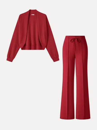 Oglmove 2pcs Set Long Sleeve Drop-shoulder Cardigan & High-rise Flare Pants With Pockets In Red