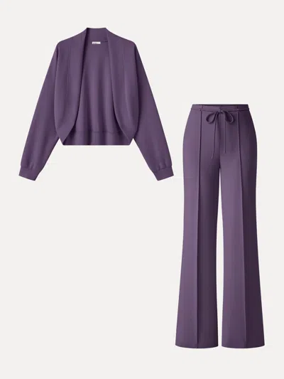 Oglmove 2pcs Set Long Sleeve Drop-shoulder Cardigan & High-rise Flare Pants With Pockets In Ultraviolet Purple