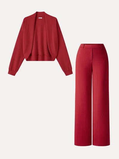 Oglmove 2pcs Set Long Sleeve Shrug Cardigan & High-rise Wide Leg Pants With Pockets In Burgundy