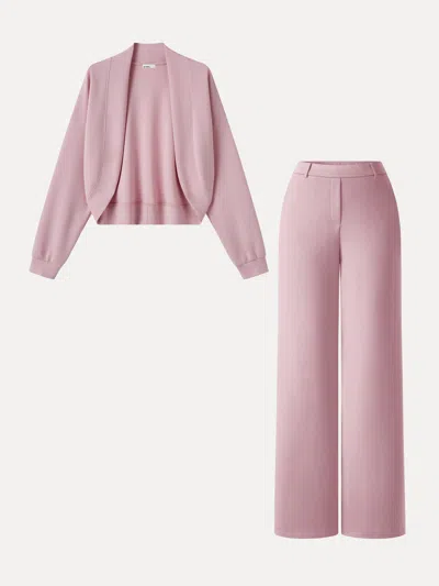 Oglmove 2pcs Set Long Sleeve Shrug Cardigan & High-rise Wide Leg Pants With Pockets In Pink