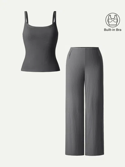 Oglmove 2pcs Set Low Back Bra Tank & Mid Rise Straight Leg Pants
