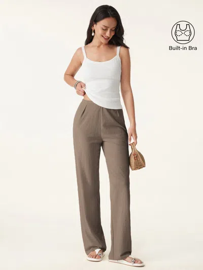 Oglmove 2pcs Set Low Back Bra Tank & Mid Rise Straight Leg Pants