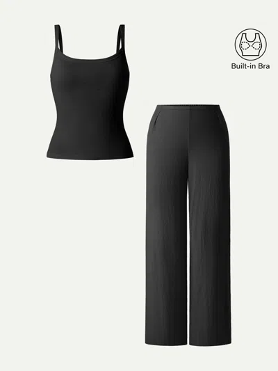 Oglmove 2pcs Set Low Back Bra Tank & Mid Rise Straight Leg Pants In Black