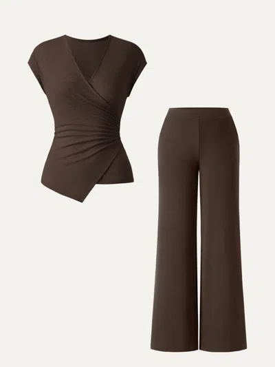 Oglmove 2pcs Set Lyocell Wool Surplice Cap Sleeve Top & Mid Rise Wide Leg Pants With Pockets