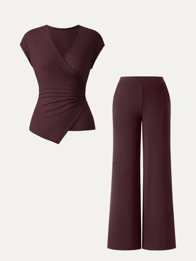 Oglmove 2pcs Set Lyocell Wool Surplice Cap Sleeve Top & Mid Rise Wide Leg Pants With Pockets