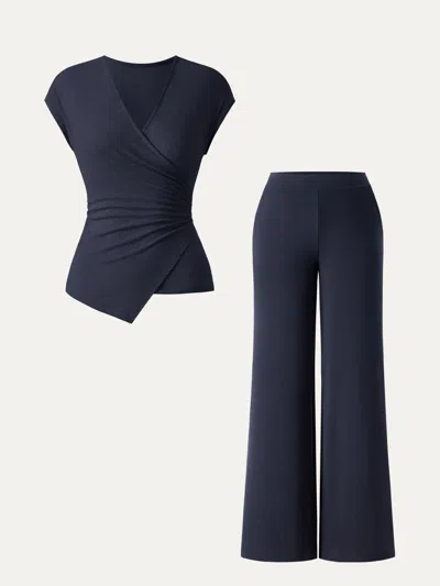 Oglmove 2pcs Set Lyocell Wool Surplice Cap Sleeve Top & Mid Rise Wide Leg Pants With Pockets