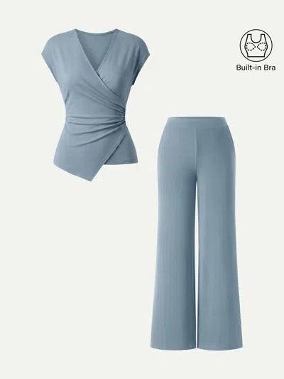Oglmove 2pcs Set Lyocell Wool Surplice Cap Sleeve Top & Mid Rise Wide Leg Pants With Pockets In Air Force Blue