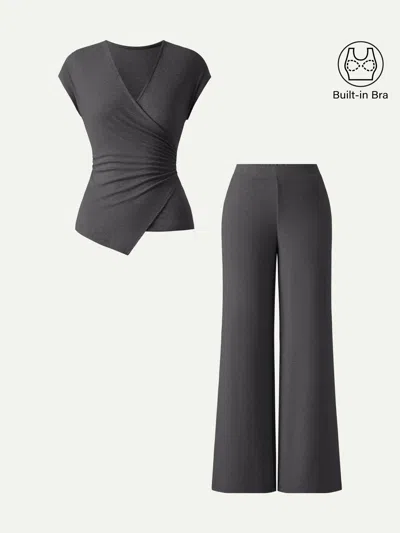 Oglmove 2pcs Set Lyocell Wool Surplice Cap Sleeve Top & Mid Rise Wide Leg Pants With Pockets In Blue Grey