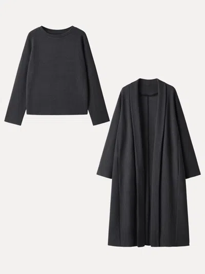 Oglmove 2pcs Set Maxwarm Shawl Collar Long Sleeve Midi Cardigan With Pockets & Boatneck Long Sleeve Textured In Gray