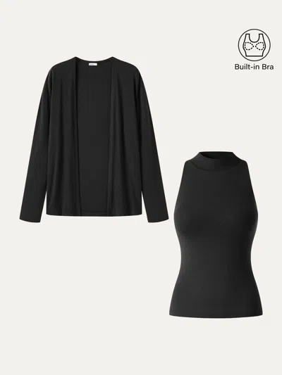 Oglmove 2pcs Set Mock Neck Bra Top & Open-front Long Sleeve Cardigan In Black