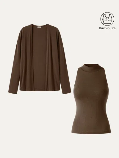 Oglmove 2pcs Set Mock Neck Bra Top & Open-front Long Sleeve Cardigan In Brunette Brown
