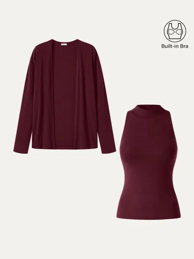 Oglmove 2pcs Set Mock Neck Bra Top & Open-front Long Sleeve Cardigan In Dark Berry Red