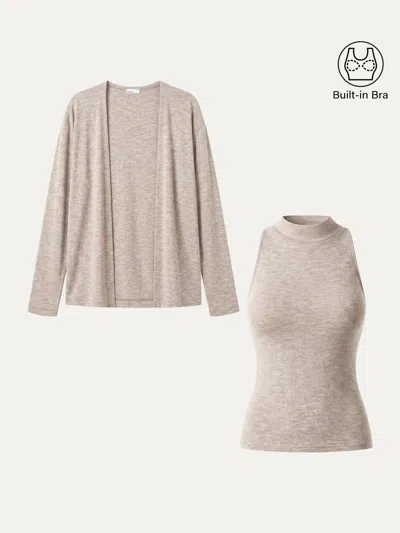 Oglmove 2pcs Set Mock Neck Bra Top & Open-front Long Sleeve Cardigan In Heather Pinky Mist