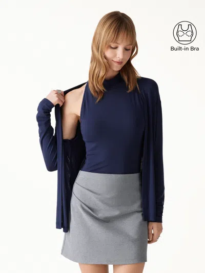 Oglmove 2pcs Set Mock Neck Bra Top & Open-front Long Sleeve Cardigan In Universe Navy