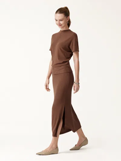 Oglmove 2pcs Set Mock Neck Cap Sleeve Seamed Top & Mid-rise Column Midi Skirt In Sweet Hazelnut