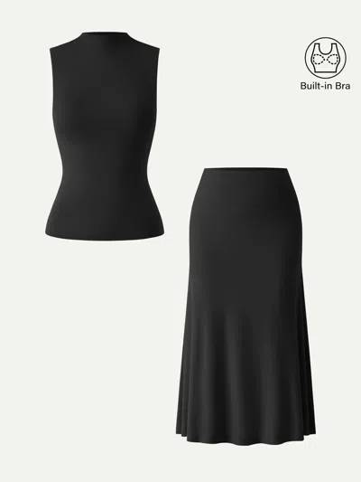 Oglmove 2pcs Set Mockneck Bra Tank & Pull-on Mermaid Midi Skirt In Black