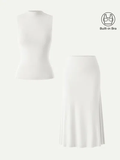 Oglmove 2pcs Set Mockneck Bra Tank & Pull-on Mermaid Midi Skirt In White