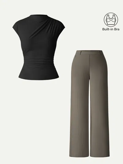 Oglmove 2pcs Set Mockneck Cropped Bra Top & Slimming High Rise Wide Leg Pants