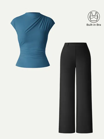 Oglmove 2pcs Set Mockneck Cropped Bra Top & Slimming High Rise Wide Leg Pants