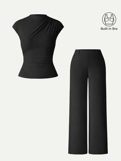 Oglmove 2pcs Set Mockneck Cropped Bra Top & Slimming High Rise Wide Leg Pants In Black