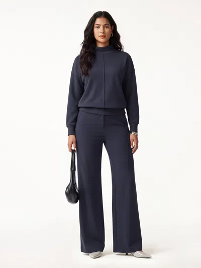 Oglmove 2pcs Set Mockneck Long Sleeve Shirt & High-rise Wide Leg Pants With Pockets In Blue