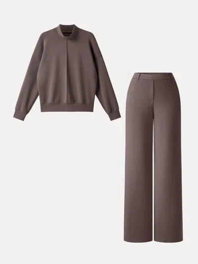 Oglmove 2pcs Set Mockneck Long Sleeve Shirt & High-rise Wide Leg Pants With Pockets In Brown