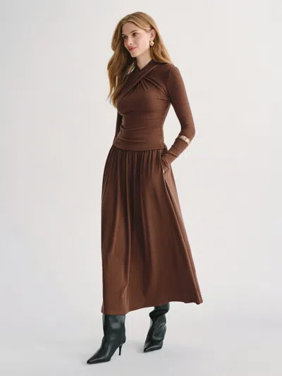 Oglmove 2pcs Set Mockneck Long Sleeve Top & Mid-rise A-line Midi Skirt With Pockets In Brown