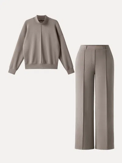 Oglmove 2pcs Set Mockneck Pullover Shirt & Mid Rise Straight Leg Pants With Pockets In Gray