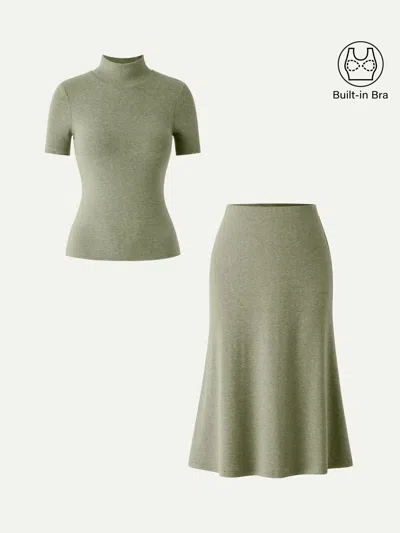 Oglmove 2pcs Set Mockneck Short Sleeve Bra Top & Pull-on Midi Skirt In Heather Green