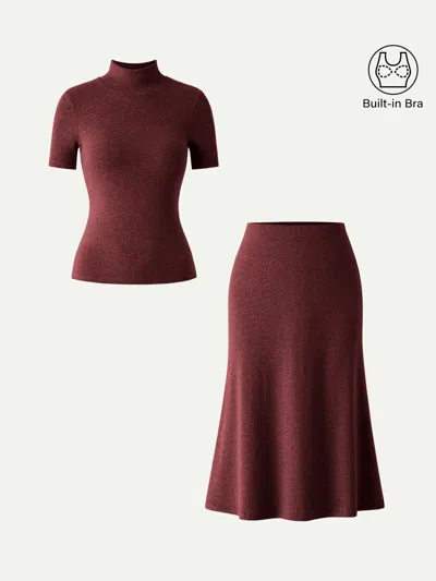Oglmove 2pcs Set Mockneck Short Sleeve Brami Top & Pull-on Midi Skirt In Ancora