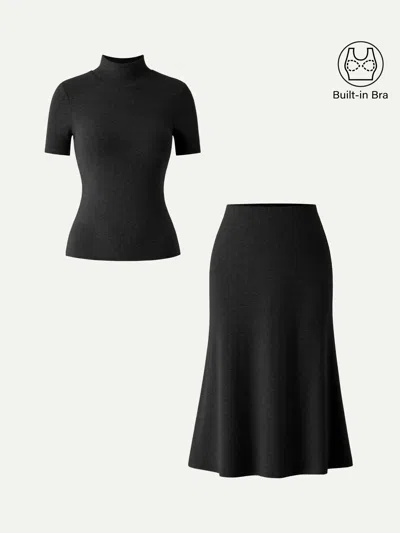 Oglmove 2pcs Set Mockneck Short Sleeve Brami Top & Pull-on Midi Skirt In Black