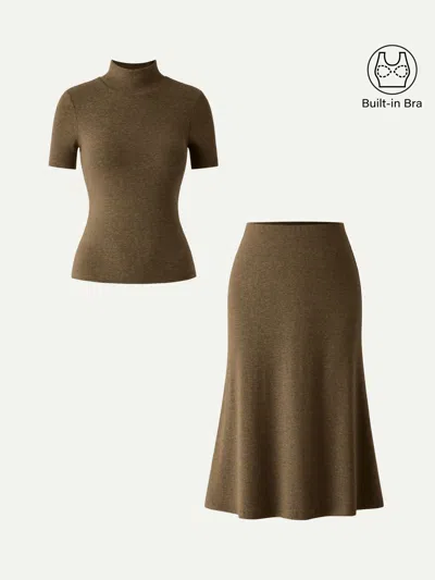 Oglmove 2pcs Set Mockneck Short Sleeve Brami Top & Pull-on Midi Skirt In Brunette