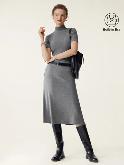 Oglmove 2pcs Set Mockneck Short Sleeve Brami Top & Pull-on Midi Skirt In Heather Carbon