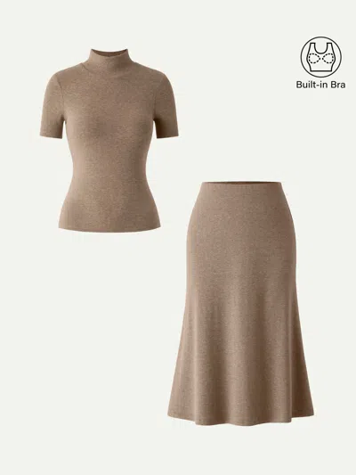 Oglmove 2pcs Set Mockneck Short Sleeve Brami Top & Pull-on Midi Skirt In Heather Taupe