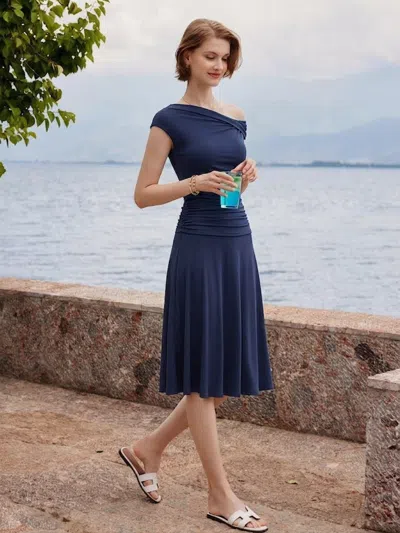 Oglmove 2pcs Set Multi-wear Bra Top & Side Ruched A-line Midi Skirt In Blue