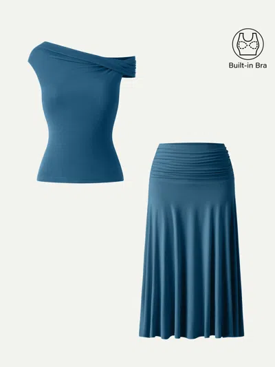 Oglmove 2pcs Set Multi-wear Bra Top & Side Ruched A-line Midi Skirt In Blue