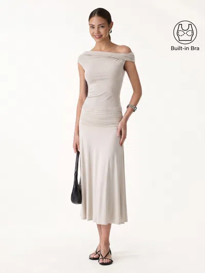 Oglmove 2pcs Set Multi-wear Bra Top & Side Ruched A-line Midi Skirt In Fog