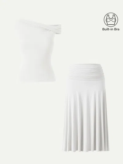 Oglmove 2pcs Set Multi-wear Bra Top & Side Ruched A-line Midi Skirt In Pure White