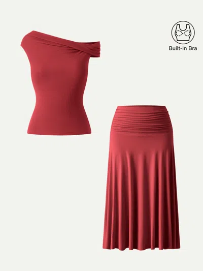 Oglmove 2pcs Set Multi-wear Bra Top & Side Ruched A-line Midi Skirt In Red