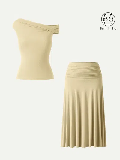 Oglmove 2pcs Set Multi-wear Bra Top & Side Ruched A-line Midi Skirt In Yellow