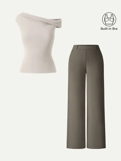 Oglmove 2pcs Set Multi-wear Bra Top &  Slimming High Rise Wide Leg Pants