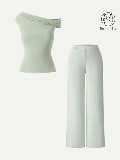 Oglmove 2pcs Set Multi-wear Bra Top &  Slimming High Rise Wide Leg Pants