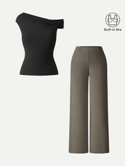 Oglmove 2pcs Set Multi-wear Bra Top &  Slimming High Rise Wide Leg Pants