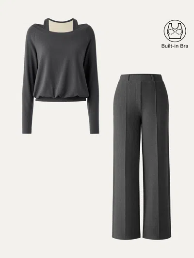 Oglmove 2pcs Set Multi-wear Layering Bra Top & High Waisted Straight Leg Pull On Pant In Blue Charcoal/deep Grey