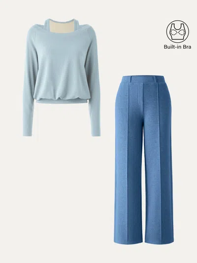 Oglmove 2pcs Set Multi-wear Layering Bra Top & High Waisted Straight Leg Pull On Pant In Foam Blue/heather Rock Blue
